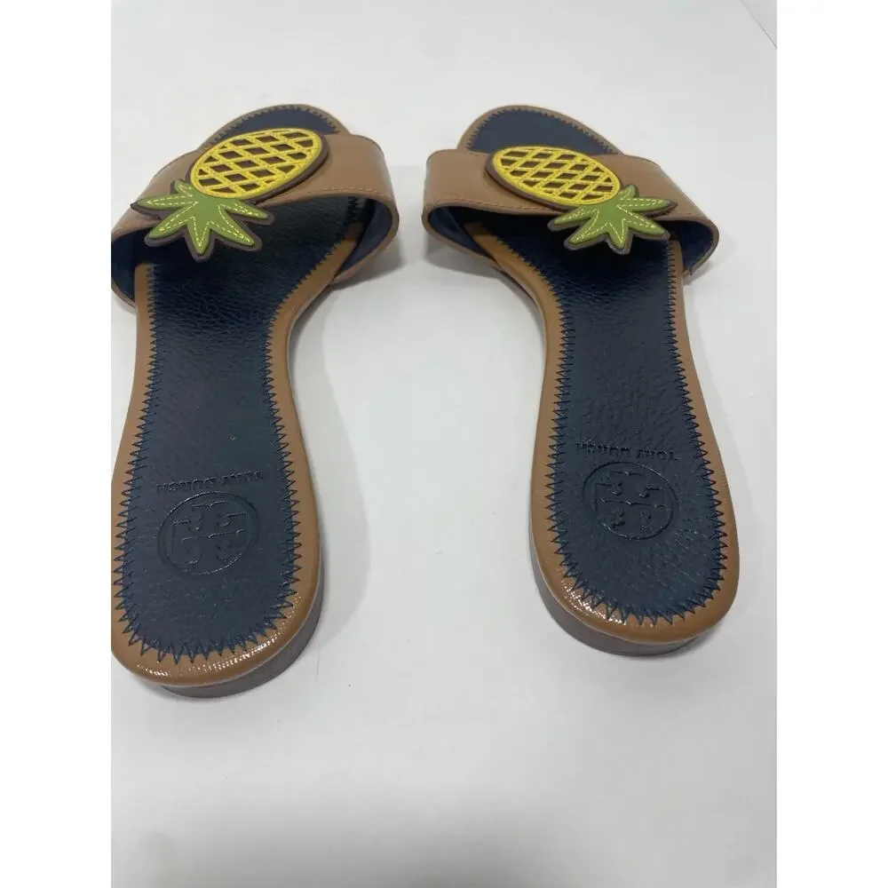 Tory Burch Brown Leather Pineapple Slide Sandals Size 8.5 Tropical Resort Luxury